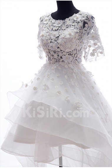 Lace, Tulle Scoop Mini/Short Short Sleeve A-line Dress with Pearl, Rhinestone