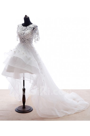 Lace, Tulle Scoop Mini/Short Short Sleeve A-line Dress with Pearl, Rhinestone