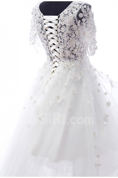Lace, Tulle Scoop Mini/Short Short Sleeve A-line Dress with Pearl, Rhinestone