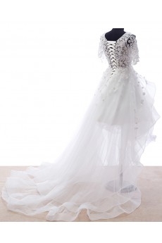 Lace, Tulle Scoop Mini/Short Short Sleeve A-line Dress with Pearl, Rhinestone