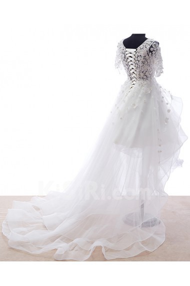 Lace, Tulle Scoop Mini/Short Short Sleeve A-line Dress with Pearl, Rhinestone