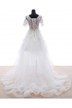 Lace, Tulle Scoop Mini/Short Short Sleeve A-line Dress with Pearl, Rhinestone