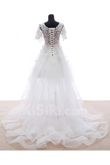 Lace, Tulle Scoop Mini/Short Short Sleeve A-line Dress with Pearl, Rhinestone