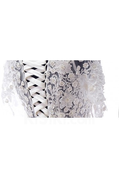 Lace, Tulle Scoop Mini/Short Short Sleeve A-line Dress with Pearl, Rhinestone