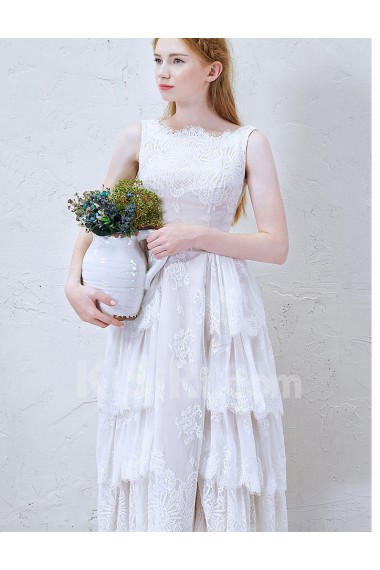 Lace, Tulle Bateau Tea-Length Sleeveless A-line Dress