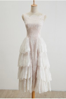 Lace, Tulle Bateau Tea-Length Sleeveless A-line Dress