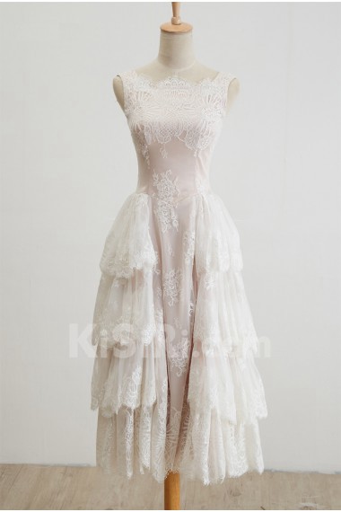 Lace, Tulle Bateau Tea-Length Sleeveless A-line Dress