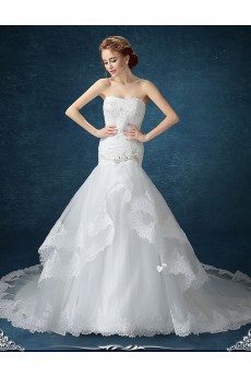 Chiffon, Tulle Strapless Chapel Train Sleeveless Mermaid Dress with Rhinestone