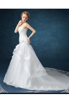 Chiffon, Tulle Strapless Chapel Train Sleeveless Mermaid Dress with Rhinestone