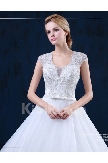 Tulle, Lace V-neck Floor Length Cap Sleeve A-line Dress with Bow, Sequins