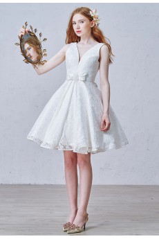 Lace V-neck Knee-Length Sleeveless A-line Dress with Beads, Sash