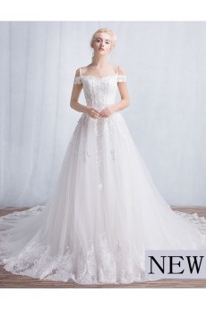 Tulle, Lace Off-the-Shoulder Chapel Train A-line Dress with Sequins