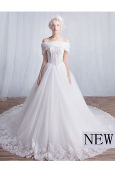 Tulle, Lace Off-the-Shoulder Chapel Train A-line Dress with Sequins