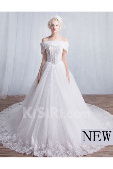 Tulle, Lace Off-the-Shoulder Chapel Train A-line Dress with Sequins