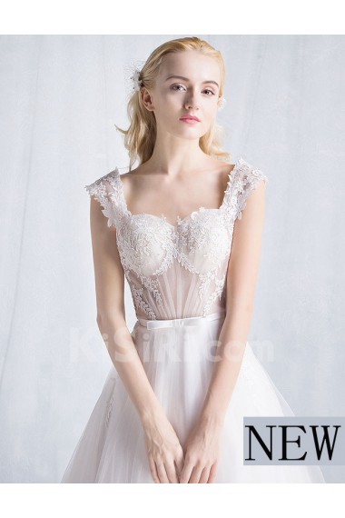 Tulle, Lace Square Chapel Train Cap Sleeve A-line Dress with Bow