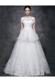 Lace, Satin, Tulle Jewel Floor Length Cap Sleeve Ball Gown Dress with Beads, Bow