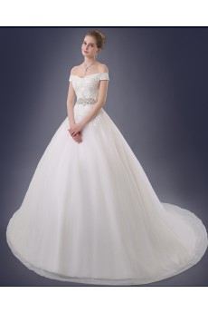 Organza Off-the-Shoulder Chapel Train A-line Dress with Rhinestone, Lace