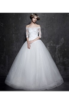 Lace, Satin Off-the-Shoulder Floor Length Half Sleeve Ball Gown Dress with Rhinestone