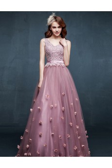 Tulle, Lace, Satin V-neck Floor Length Sleeveless A-line Dress with Handmade Flowers, Sash