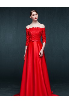 Satin, Lace Off-the-Shoulder Sweep Train Half Sleeve A-line Dress with Bow