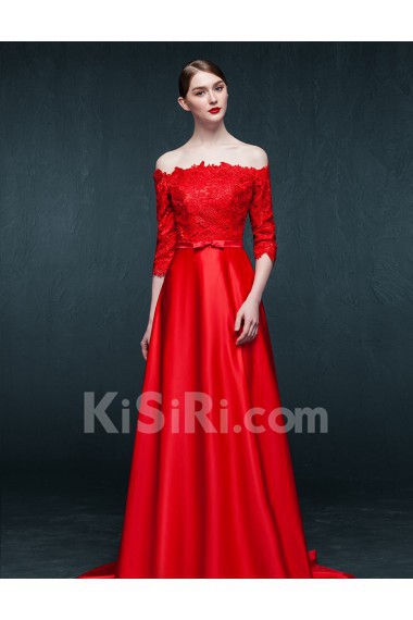 Satin, Lace Off-the-Shoulder Sweep Train Half Sleeve A-line Dress with Bow