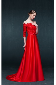 Satin, Lace Off-the-Shoulder Sweep Train Half Sleeve A-line Dress with Bow