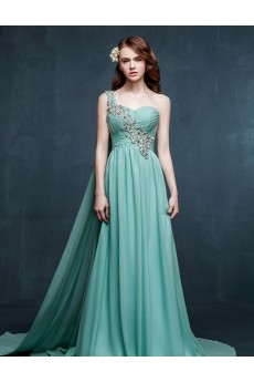 Chiffon, Satin One-shoulder Sweep Train Sleeveless A-line Dress with Rhinestone