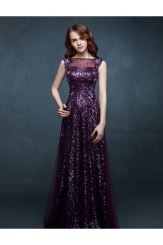 Tulle Bateau Floor Length Sleeveless Sheath Dress with Sequins