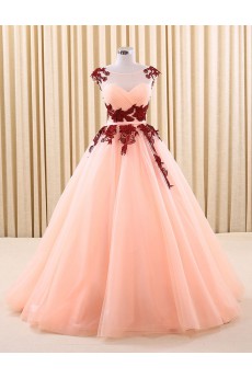 Tulle Scoop Floor Length Cap Sleeve Ball Gown Dress with Ruched