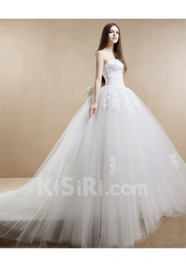 Lace, Tulle, Satin Strapless Sweep Train Sleeveless(Removable Sleeves) Ball Gown Dress with Beads