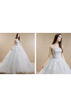 Lace, Tulle, Satin Strapless Sweep Train Sleeveless(Removable Sleeves) Ball Gown Dress with Beads