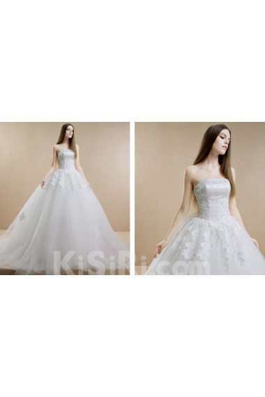 Lace, Tulle, Satin Strapless Sweep Train Sleeveless(Removable Sleeves) Ball Gown Dress with Beads