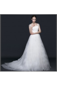 Lace, Satin Square Chapel Train Cap Sleeve A-line Dress with Bow