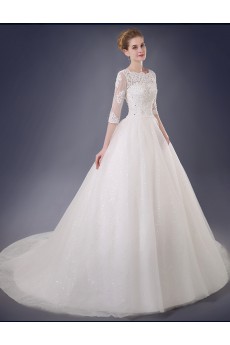 Lace, Organza Bateau Chapel Train Three-quarter A-line Dress with Rhinestone