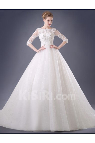 Lace, Organza Bateau Chapel Train Three-quarter A-line Dress with Rhinestone