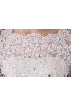 Lace, Organza Bateau Chapel Train Three-quarter A-line Dress with Rhinestone