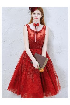 Tulle Scoop Tea-Length Sleeveless A-line Dress with Embroidered, Rhinestone