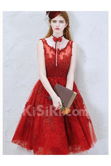 Tulle Scoop Tea-Length Sleeveless A-line Dress with Embroidered, Rhinestone