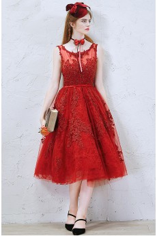Tulle Scoop Tea-Length Sleeveless A-line Dress with Embroidered, Rhinestone
