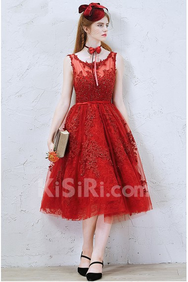 Tulle Scoop Tea-Length Sleeveless A-line Dress with Embroidered, Rhinestone