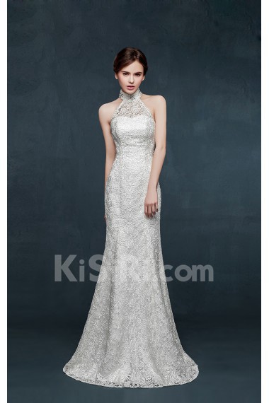 Tulle, Lace, Satin Halter Floor Length Sleeveless Mermaid Dress with Pearl