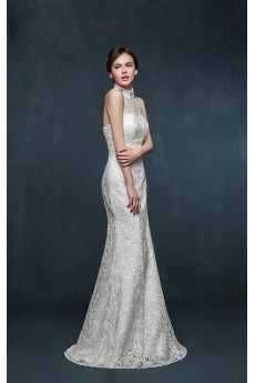 Tulle, Lace, Satin Halter Floor Length Sleeveless Mermaid Dress with Pearl