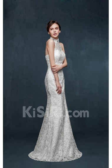 Tulle, Lace, Satin Halter Floor Length Sleeveless Mermaid Dress with Pearl