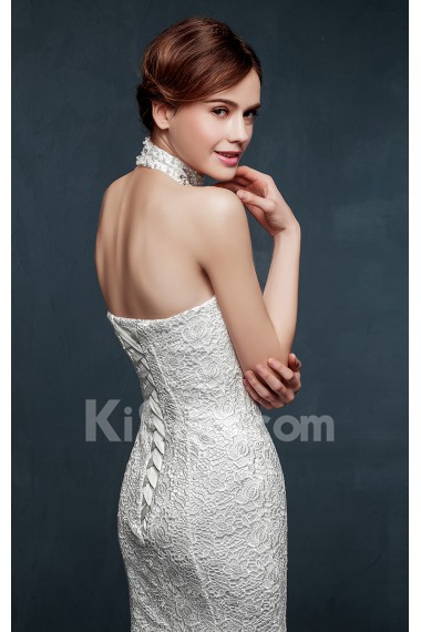 Tulle, Lace, Satin Halter Floor Length Sleeveless Mermaid Dress with Pearl