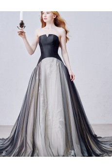 Satin, Tulle, Lace Strapless Chapel Train Sleeveless A-line Dress with 