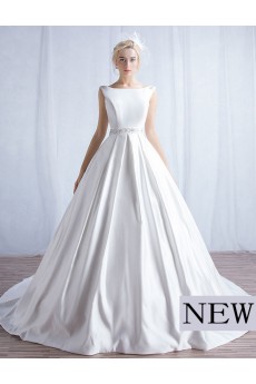 Satin Bateau Chapel Train Sleeveless A-line Dress with Bow, Beads