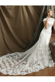 Organza High Collar Chapel Train Cap Sleeve Mermaid Dress with Flower