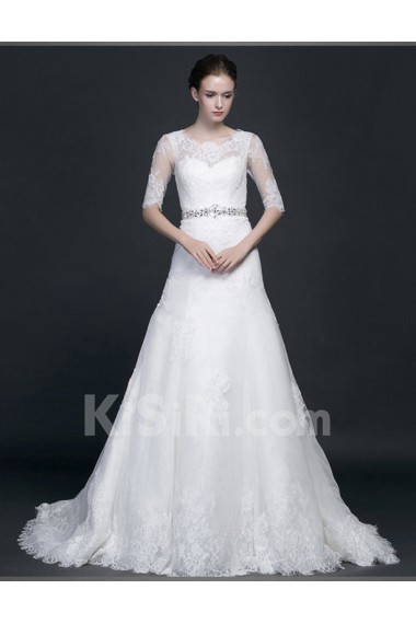 Lace, Satin Scoop Sweep Train Half Sleeve A-line Dress with Rhinestone
