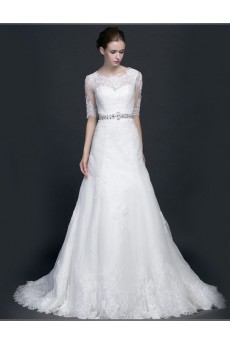 Lace, Satin Scoop Sweep Train Half Sleeve A-line Dress with Rhinestone