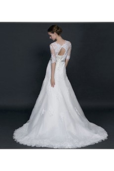 Lace, Satin Scoop Sweep Train Half Sleeve A-line Dress with Rhinestone